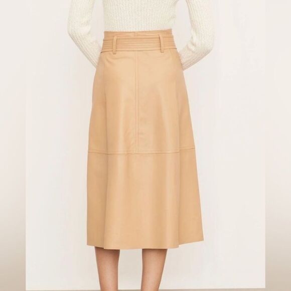 Vince Lambskin Leather Midi Tan Caramel Skirt Stitched Belt Size 0 - Picture 4 of 11